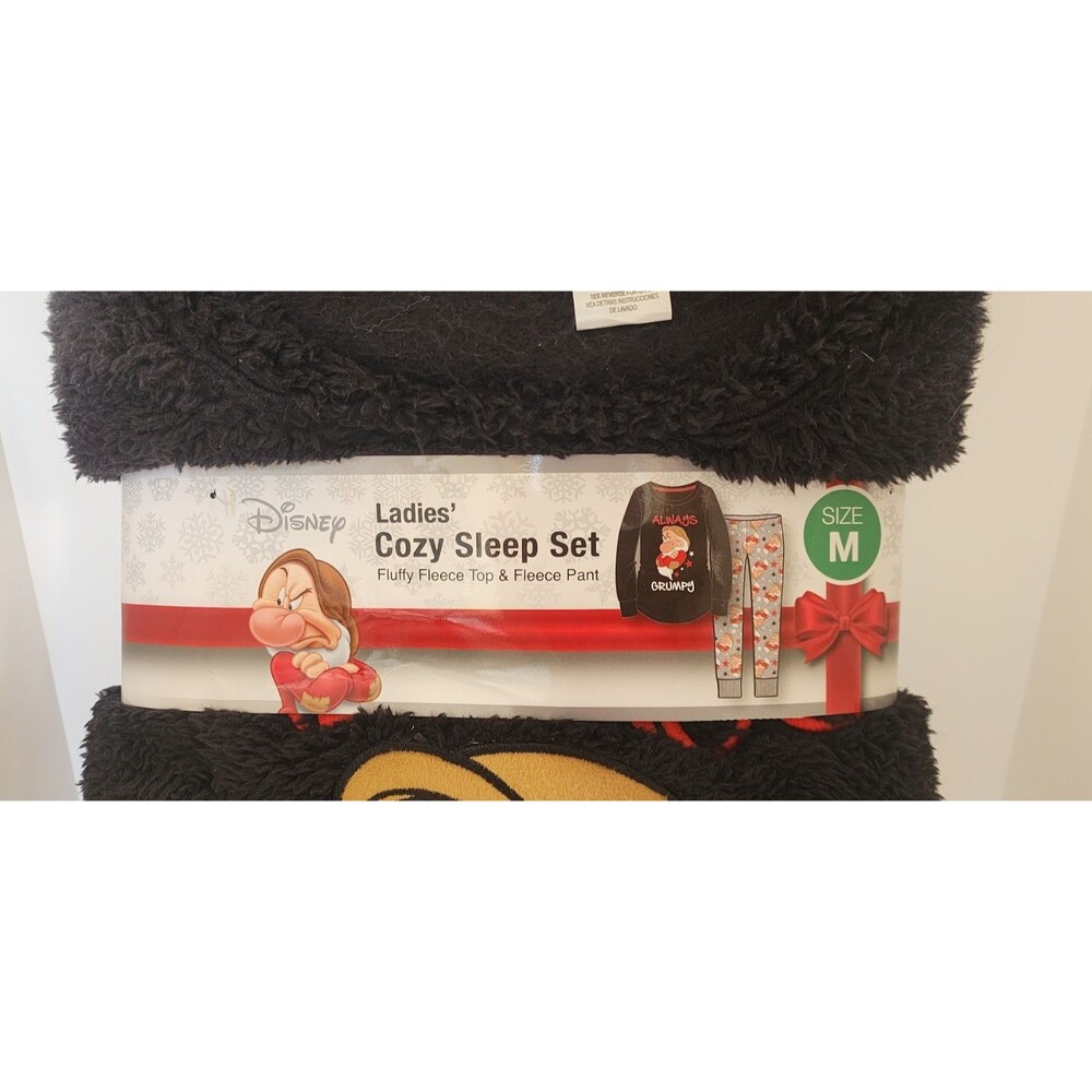 Disney Ladies Cozy Pajama Sleep 2pc Set Medium Grumpy Fleece Black Top Gray Pant - Picture 2 of 8
